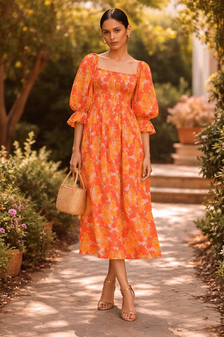 Borgo De Nor Artemis Shirred Cotton Puff Sleeve Midi Dress Orange Floral 6